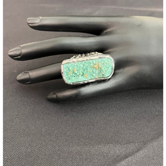 Boho Statement Ring Turquoise Style Inlay Silver Tone Filigree Size 8 - Picture 1 of 8